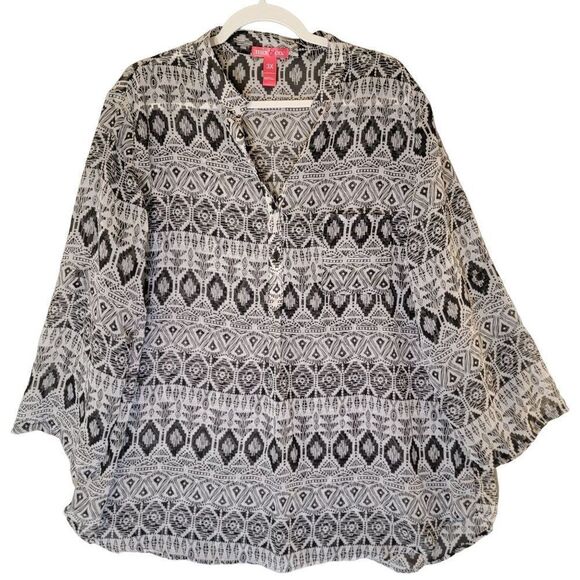 Mix and Co Aztec Popover Sheer Blouse Womens 3X Black Roll Tab Sleeve Vneck - Picture 1 of 10